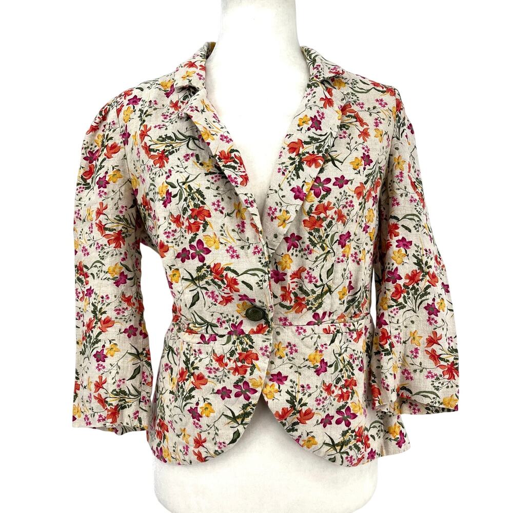 Forever 21‎ Love 21 Linen Short Blazer Floral Pocket Button Tulip Jacket  (M)